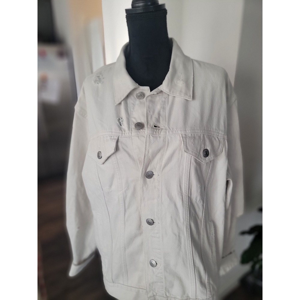 American Eagle Distressed Denim Trucker Jacket XL Off White Cream Cotton Mens